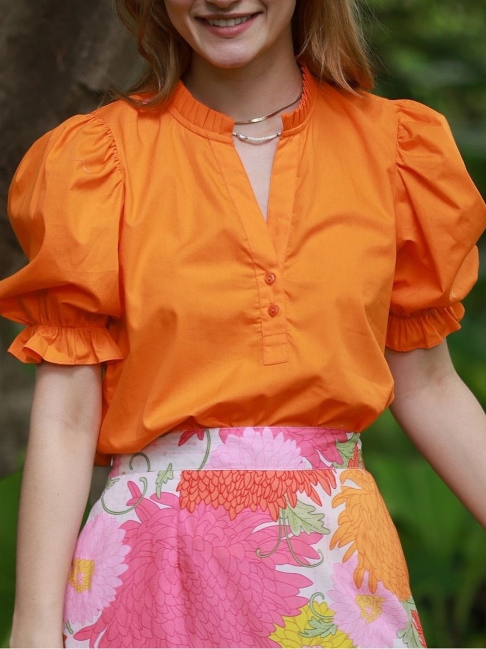Anthropologie Maude Vivante Isla Puff Top in Tangerine Cotton Poplin Size Small